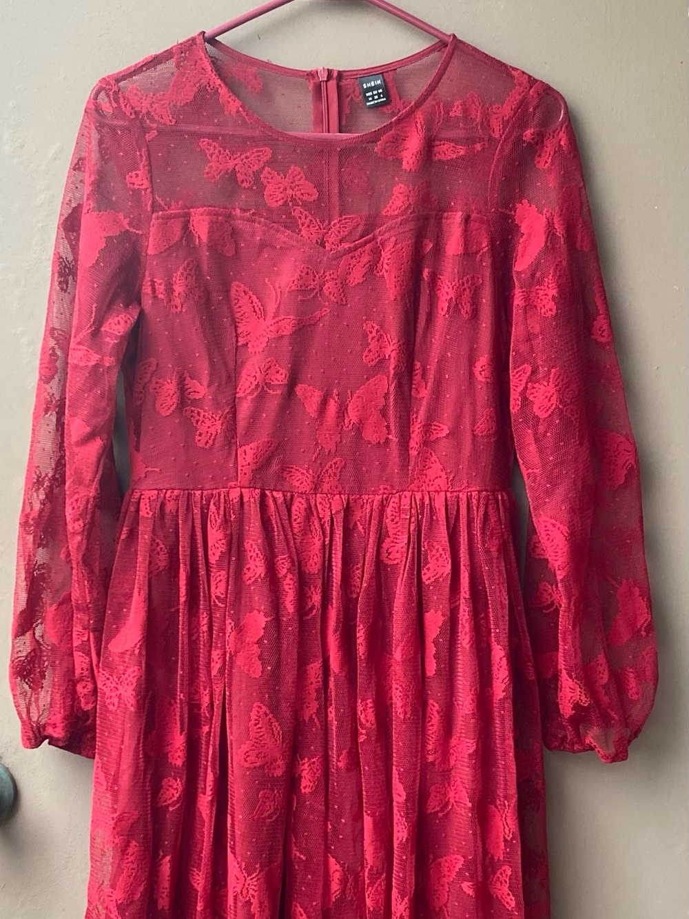 SHEIN Red Butterfly Lace Long-Sleeve Party Dress